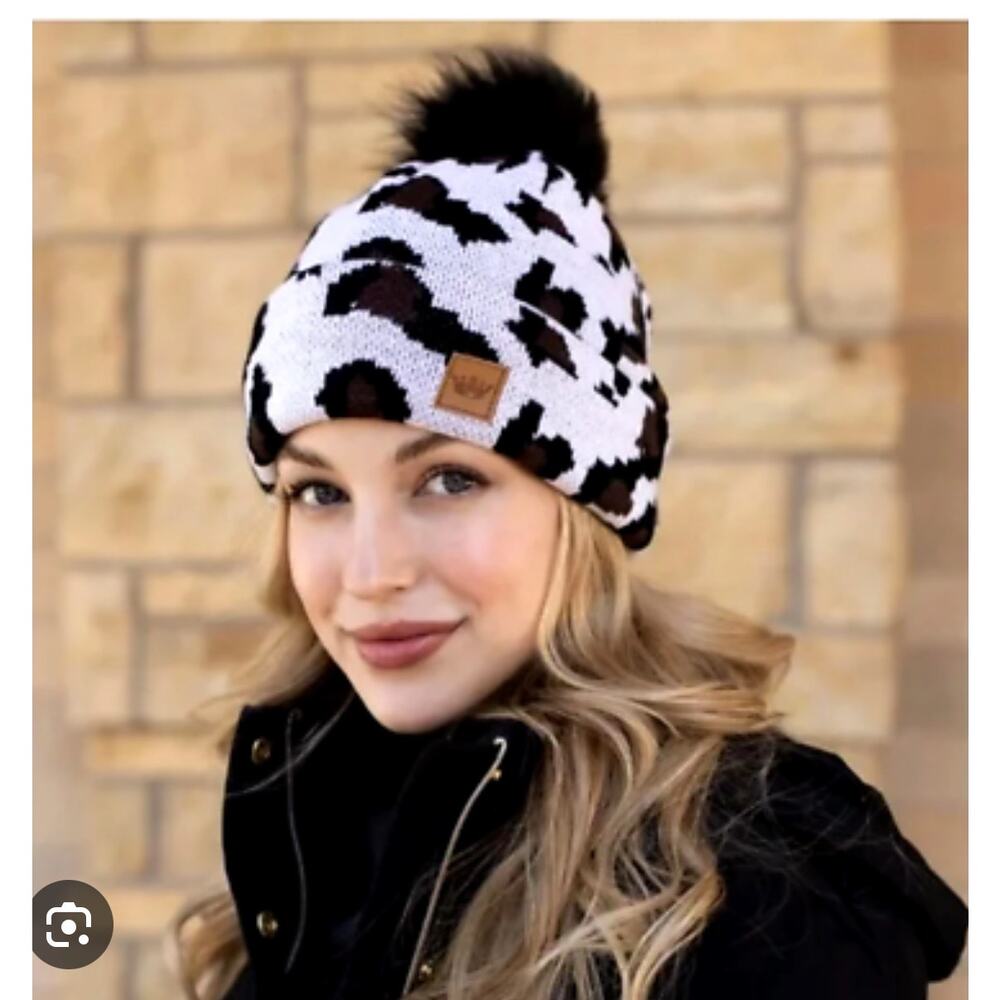 NEW Panache Leopard Print Knit Hat with Faux Fur Pom Pom